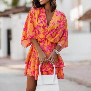 Floral V-Neck Wrap Dress - Orange and Pink